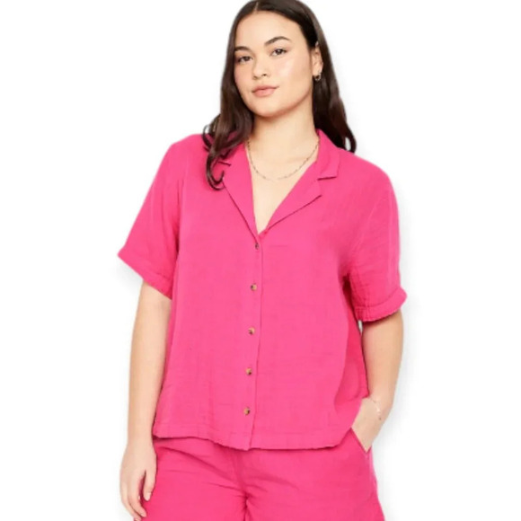 Old Navy Hot Pink Short Sleeve Crinkle Gauze Button-Down Top Women's Large - Picture 1 of 9